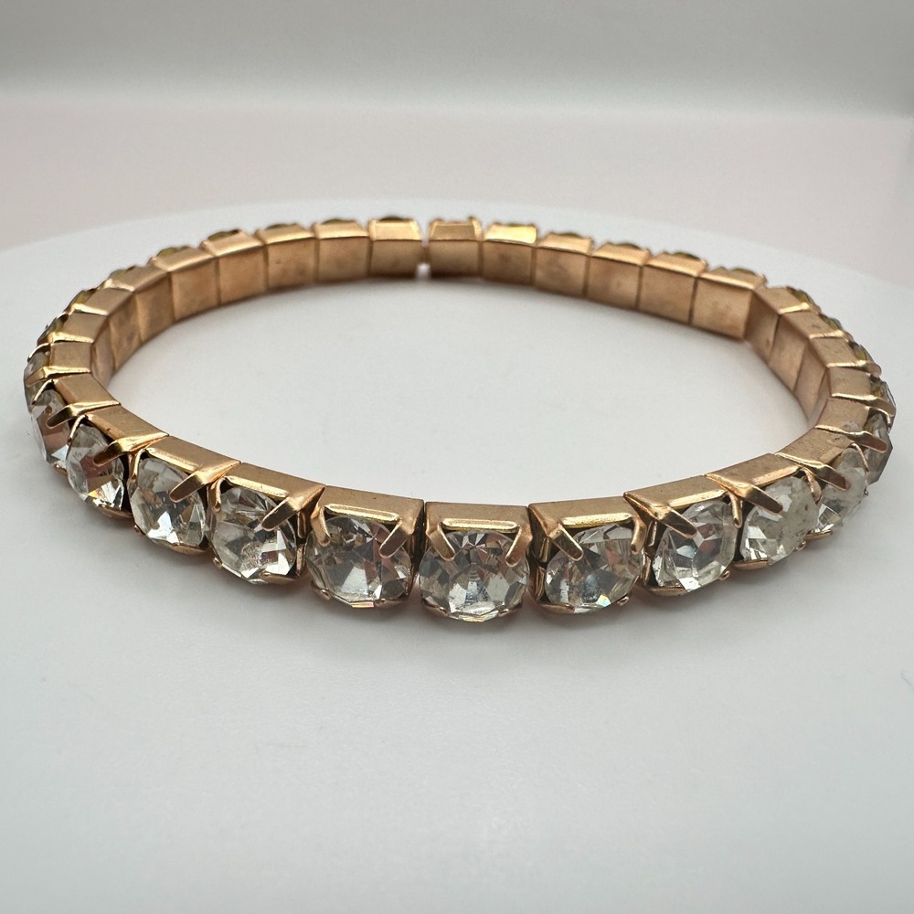 Vintage 90s Gold Tone Clear Glass Stretch Tennis Bracelet Glam Jewelry